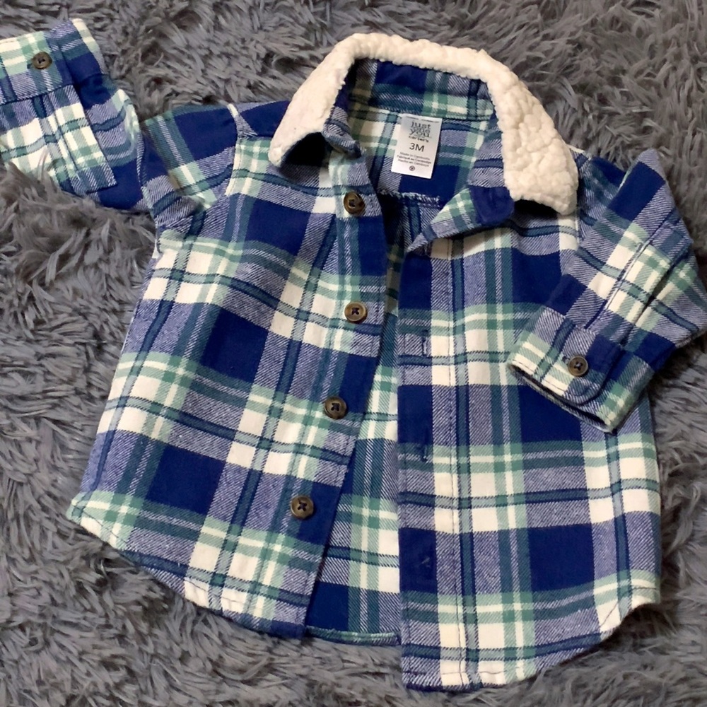 Carter’s long sleeve flannel dark blue and gray with a little dark green sz. 3m
